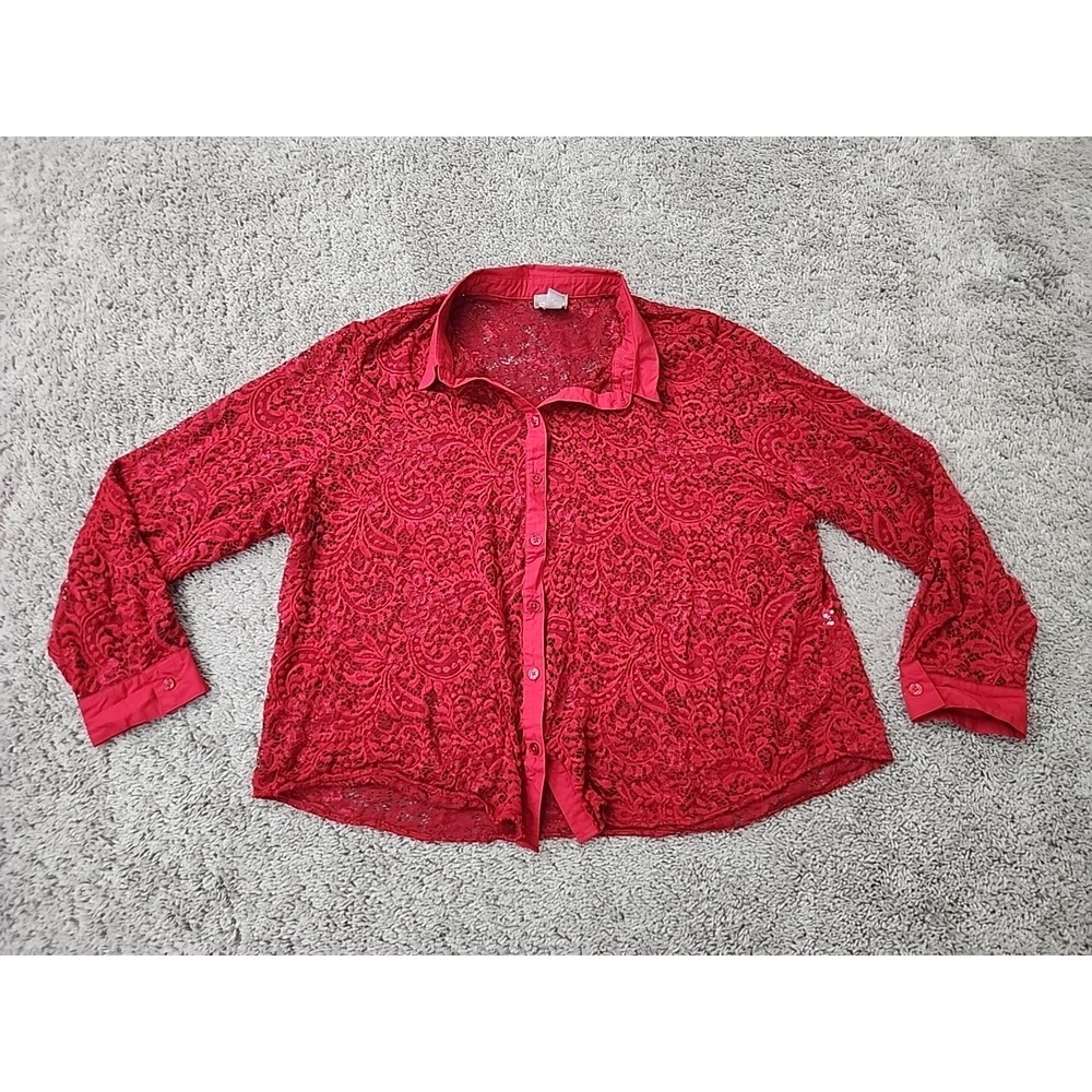 Chico's Blouse Womens 3 PLUS Red Floral Paisley Lace Long Sleeve Button Up